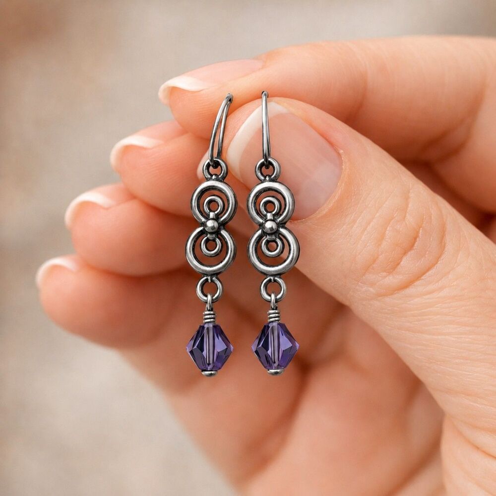 Wire Wrapped Silver Tone Dangle Pierced Earrings